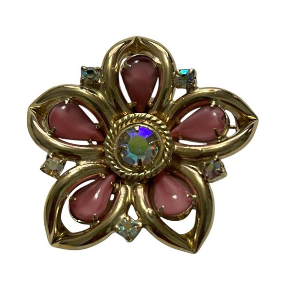 Vintage Pink Glass Flower Brooch Gold Tone Aurora Borealis Rhinestones Unsigned - Picture 1 of 7